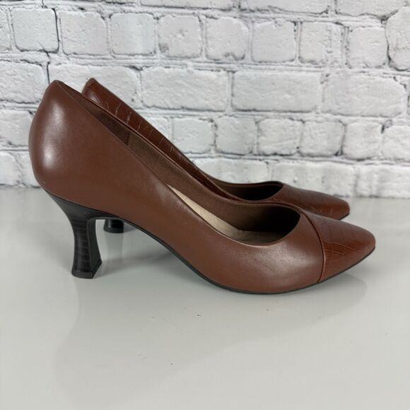 Clarks Kataleyna Rose Pump Brown Croc Leather Slip On Low Flared Heel Women 10 W - Picture 2 of 15